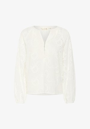 Weiße Langarmbluse mit rundem Ausschnitt, ausgestattet mit einer Knopfleiste und einem aufwendigen bestickten Paisleymuster mit Ausschnitten.