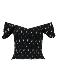 Top negro off-the-shoulder con textura fruncida, que presenta un diseño floral en blanco. Mangas cortas en estilo abullonado y una silueta ajustada.