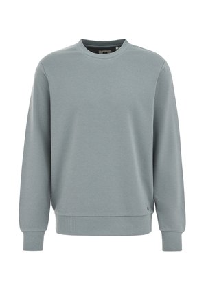 Light grey sweatshirt with long sleeves, crew neckline, ribbed cuffs, textured fabric, and a small logo accent at the hem.
