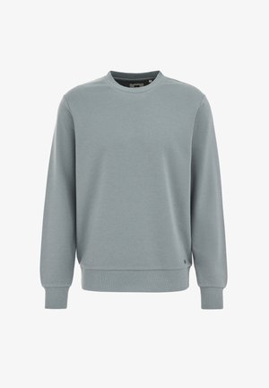 Világosszürke pulóver hosszú ujjakkal, kerek nyakkivágással, bordázott mandzsettákkal, texturált anyagból, kis logóval a szegélyén.