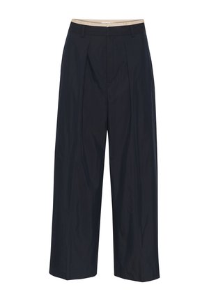 Pantaloni a gamba larga blu navy con plissettature, vita morbida e texture elegante. Senza tasche visibili o decorazioni, progettati per una vestibilità comoda.