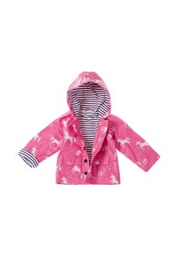 Roze waterdichte regenjas met witte eenhoorns, gestreepte voering, twee opgestikte zakken en een capuchon met een drukknoopsluiting.
