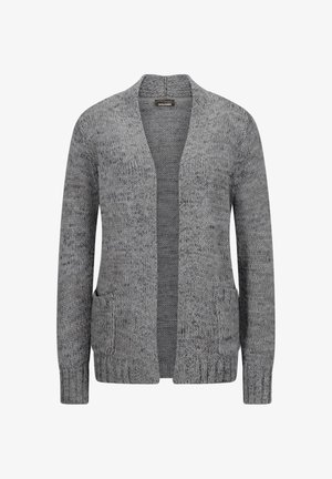 Gilet ouvert en tricot gris avec des manches longues et des poches à rabat à l'avant.