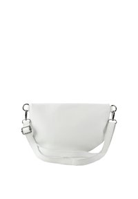 White leather shoulder bag with a textured surface, curved shape, adjustable strap, and silver-tone hardware accents.