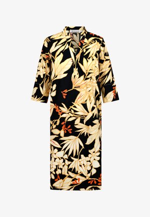 Floral-patterned dress featuring large yellow leaves and red accents on a black background, with a collar and three-quarter sleeves.