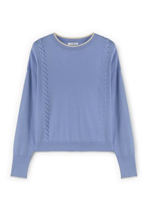 Lichtpaarse trui met lange mouwen, geribde ronde hals, manchetten, zoom en decoratieve gevlochten details aan de voorkant.