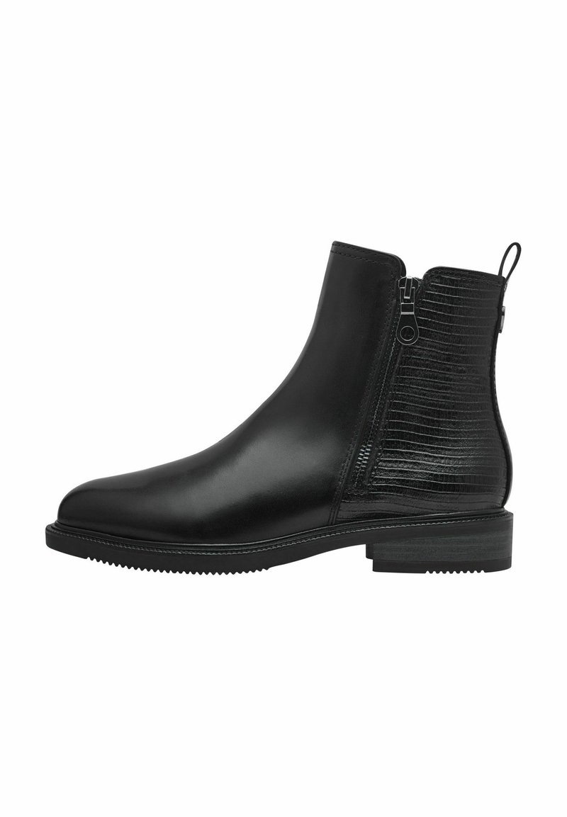 Black ankle boot made of smooth leather with a textured side panel, zipper closure, and a rounded toe on a low, textured sole.