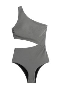 Maillot de bain une pièce à une épaule, noir et blanc à petits carreaux, avec découpe latérale à la taille.