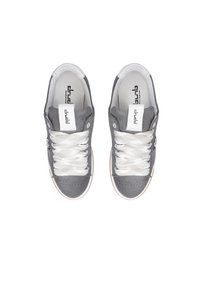 Gray suede sneakers with white laces, featuring a solid rubber sole and a white logo on the tongue. Rounded toe design.