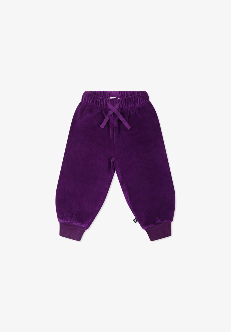 Pantaloni jogger viola in velluto, con cintura elastica, lacci regolabili e polsini a coste. Texture morbida con una finitura liscia.