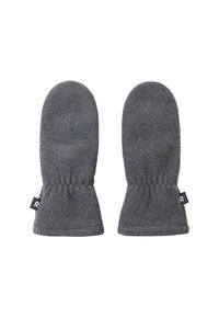 Szare polarowe rękawice z miękką fakturą, zaokrąglonymi końcami i elastycznymi mankietami. Posiadają małą czarną metkę z logo po boku.