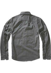 Šedá bavlněná košile s dlouhými rukávy a knoflíkovými manžetami, klasickým límcem, zobrazená ze zadu na bílém pozadí.