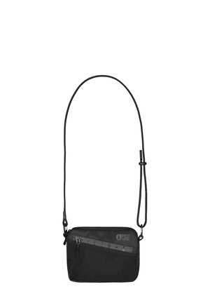 Black crossbody bag made of durable fabric, featuring a zippered front pocket, adjustable strap, and logo accent on the side. Rectangular shape.