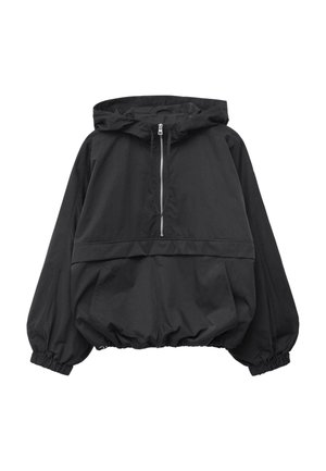 Rompevientos negro con capucha, cremallera frontal hasta la mitad, mangas largas, puños elásticos y un gran bolsillo delantero con borde elástico.