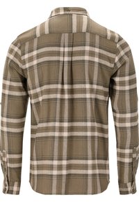 Geruite flanellen overhemd in groene en beige tinten, met een button-down kraag, lange mouwen en twee knoopmanchetten. Textuurstof met een geruit patroon.