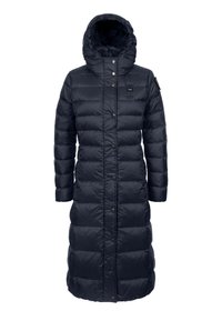 Cappotto puffer lungo navy con cappuccio, caratterizzato da sezioni trapuntate orizzontali, bottoni a scatto e una patch sulla manica sinistra per un tocco in più.