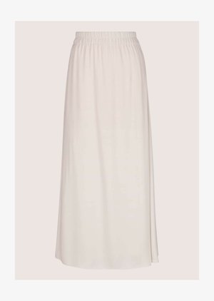 Crèmekleurige midirok met elastische tailleband en zachte, vloeiende stof die recht hangt zonder patronen of versieringen.