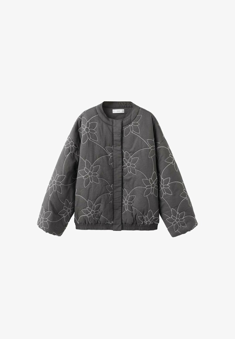 Veste matelassée grise avec broderie florale blanche, col rond et ourlet élastiqué. Dotée de manches larges et d'une ouverture frontale.