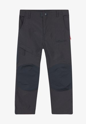 Pantaloni outdoor per bambini in tessuto grigio scuro, con rinforzi alle ginocchia, molteplici tasche e logo TROLLKIDS.