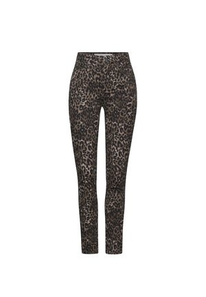Jeans skinny con stampa leopardata caratterizzati da una combinazione di colori marrone scuro e nero, realizzati in un tessuto elastico, con una vestibilità aderente e tasche tradizionali.