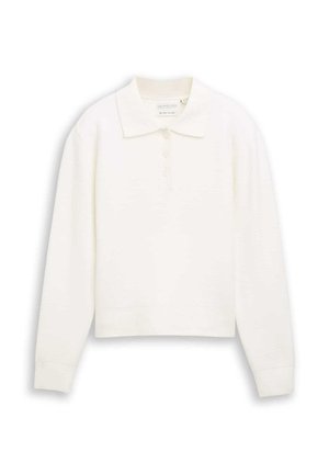 Polo blanc à manches longues avec col et quatre boutons sur la patte de boutonnage avant.