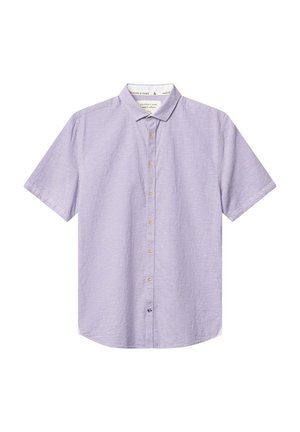 Helllila kurzärmliges Hemd mit Knöpfen, strukturiertes Gewebe, klassischer Kragen, fünf Knöpfe, abgerundeter Saum und dezentem Taschendetail.