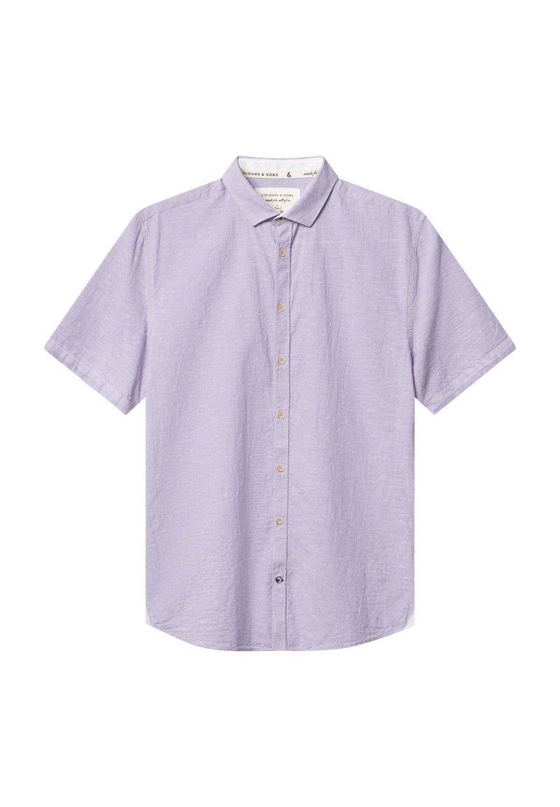 Camicia a maniche corte di colore viola chiaro, in tessuto testurizzato, colletto classico, cinque bottoni, orlo arrotondato, con un dettaglio discreto di tasca.