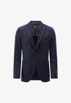 Marineblazer aus strukturiertem Stoff, mit zwei Fronttaschen, einem Reverskragen und einem Knopfverschluss. Das gefütterte Innere zeigt das Logo.