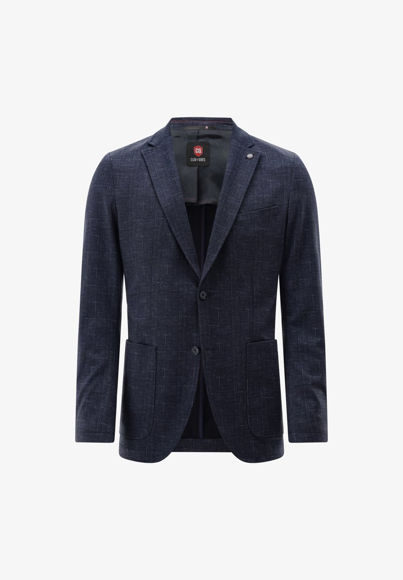 Marineblazer aus strukturiertem Stoff, mit zwei Fronttaschen, einem Reverskragen und einem Knopfverschluss. Das gefütterte Innere zeigt das Logo.