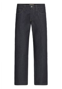 Mörkblå, raka jeans med fem fickor, knappstängning och synliga orange sömmar vid midja och fickor.