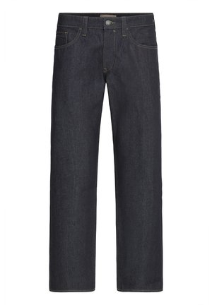 Mørkeblå straight-leg jeans med fem lommer, knaplukning og synlige orange syninger ved talje og lommer.