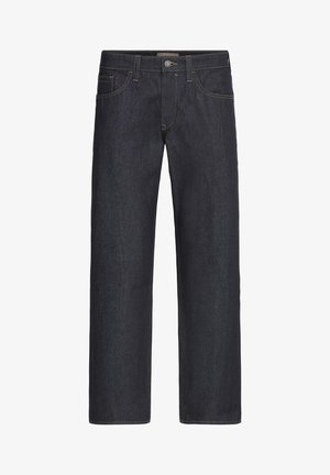 Tumši zili taisnas kājas džinsi ar piecām kabatām, pogu aizdari un redzamu oranžu šuvju detaļu vidukļa un kabatu apvidos.