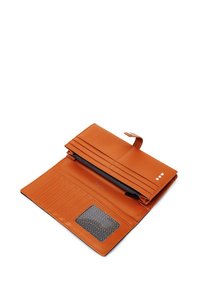 Orange leather wallet with a zip pocket, multiple card slots, and a textured card holder. Features a snap closure and clean stitching.