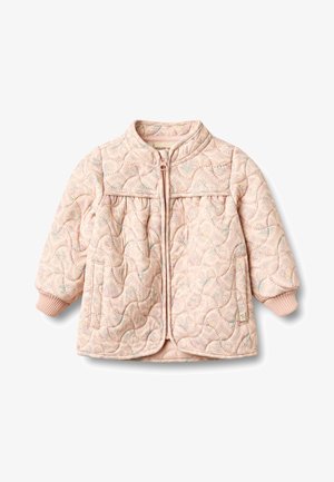 Hele roosa, lainelise õmblusega, esikäepidemega, soonikkoes varrukaservade ja peene lillemustriga beebitekk