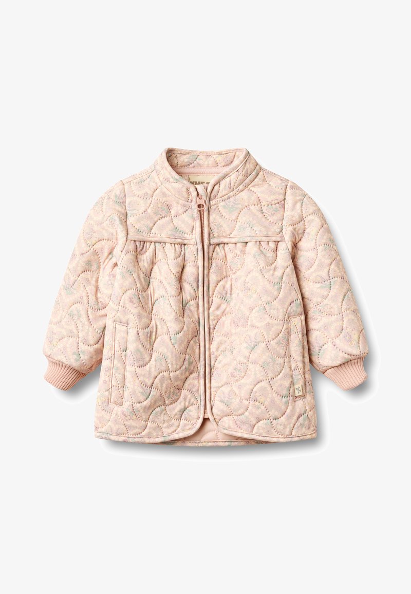 Hele roosa, lainelise õmblusega, esikäepidemega, soonikkoes varrukaservade ja peene lillemustriga beebitekk