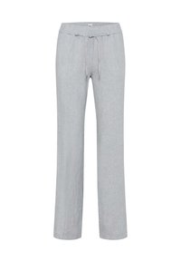 Pantalon en lin gris clair, coupe décontractée, taille avec cordon de serrage et texture subtile. Il présente des jambes droites sans motifs ni accents visibles.