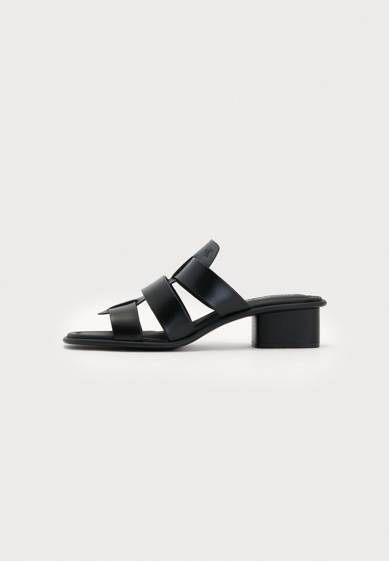Sandales en cuir noir avec un talon bloc, présentant trois larges lanières et des accents pointus. Texture lisse avec des éléments de design minimalistes.