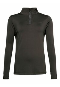 Maglietta atletica verde scuro a maniche lunghe con colletto a mezza zip, texture liscia e un piccolo logo frontale.