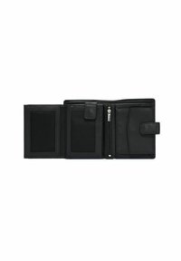 Czarny skórzany portfel z wieloma miejscami na karty, zamykaną na zamek przegrodą i fakturowanym wykończeniem. Posiada zapięcie na zatrzask z gładkimi akcentami.