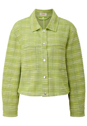 Groene geweven jas met een kraaghals, knoopsluiting, twee borstzakken en een gestructureerde stof met een subtiele glans.