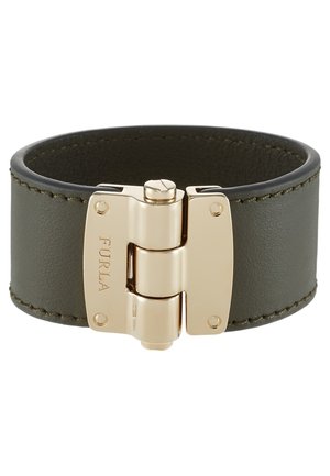 Wide dark green leather bracelet with a gold metal hinge clasp engraved with "FURLA" on the side.