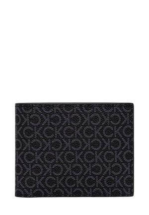 Portafoglio nero con un motivo a monogramma stampato con le lettere "CK" in un design ripetuto. Texture liscia e forma rettangolare.