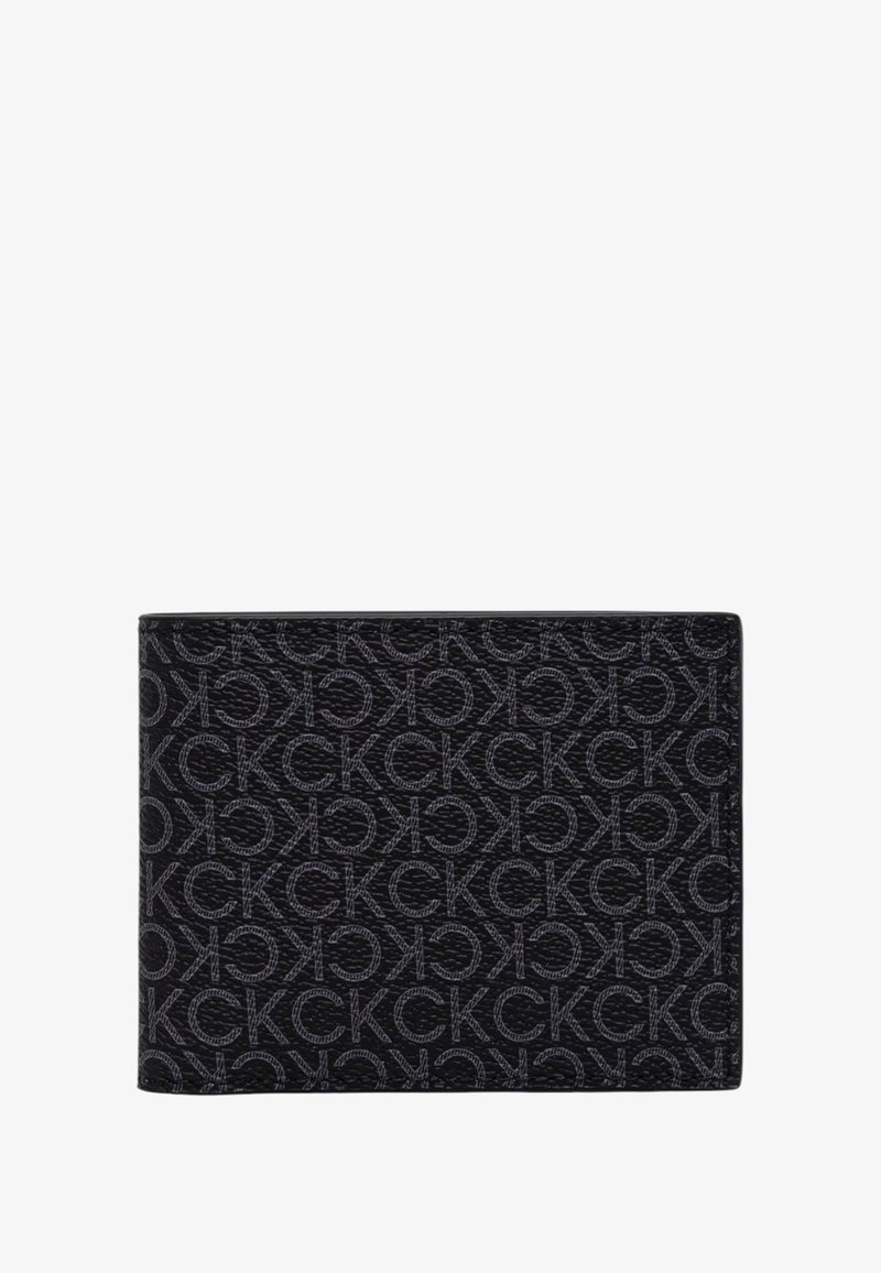 Portafoglio nero con un motivo a monogramma stampato con le lettere "CK" in un design ripetuto. Texture liscia e forma rettangolare.