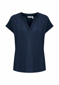 Top corto a maniche corte blu navy con scollatura a V realizzato in tessuto morbido. Presenta spacchi laterali e una vestibilità rilassata. Design semplice senza decorazioni.