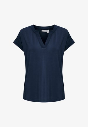 Marineblauwe V-hals T-shirt met korte mouwen, gemaakt van soepele stof. Heeft zijsplitten en een ontspannen pasvorm. Eenvoudig ontwerp zonder versieringen.