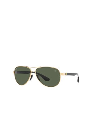Occhiali da sole aviator con montatura in metallo dorato, lenti verdi, dettagli in gomma nera sulle astine e un logo sulla lente sinistra.