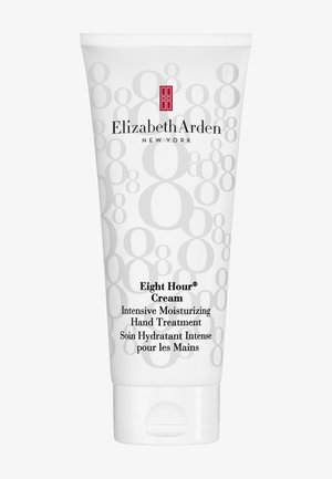 Elizabeth Arden Eight Hour Cream tube met witte achtergrond, met intensieve hydraterende handbehandelingstekst in het Engels en Frans.