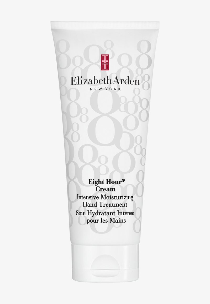 Tube de crème Elizabeth Arden Eight Hour sur fond blanc, avec texte sur un soin intensif hydratant pour les mains en anglais et en français.