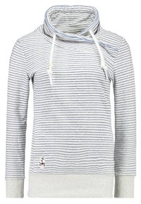 Pulóver a rayas en blanco y azul marino con cuello alto, cordones y un logo de ancla. Tejido suave con mangas largas y puños acanalados.