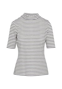Gestreifte kurzärmlige Bluse in Weiß und Marineblau. Verfügt über einen hohen Kragen und eine gerippte Textur. Figurbetontes Design mit horizontalen Streifen.